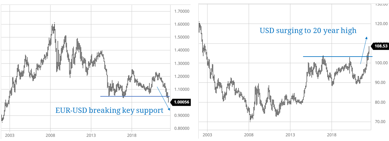 EUR breaks lower, USD surges, commodities take a hit